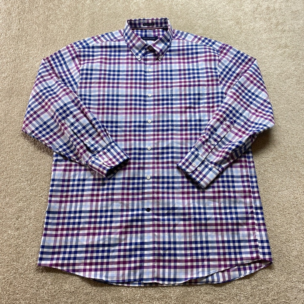 Tommy Hilfiger Button Down Shirt Mens 16.5 32/33 Purple Blue Plaid Non-Iron